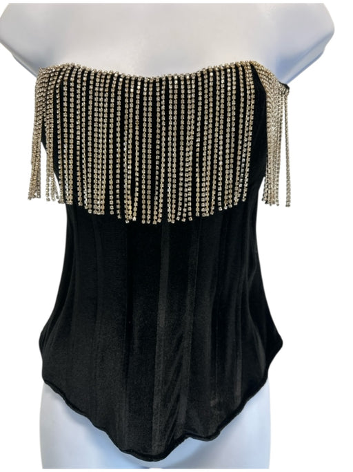 LPA Size M Black Polyester Velvet Strapless Rhinestone Fringe Bustier Top Black / M