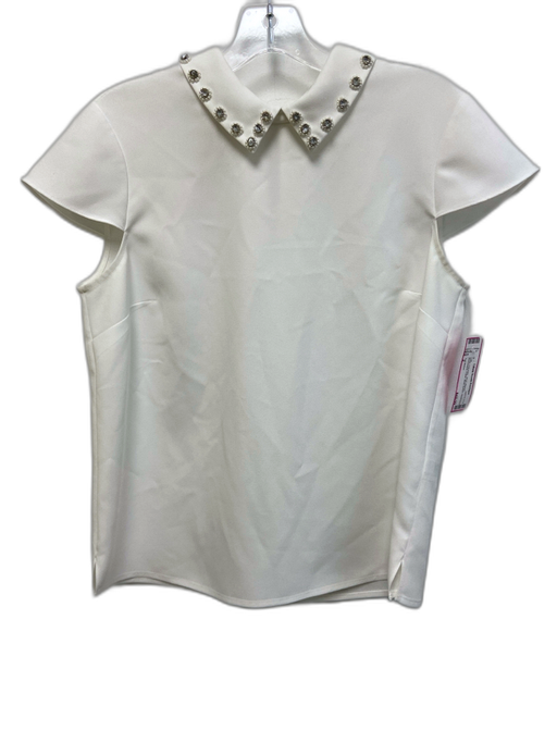 Ted Baker Size 2 White Polyester Short Sleeve Rhinestone Collar Back Button Top White / 2