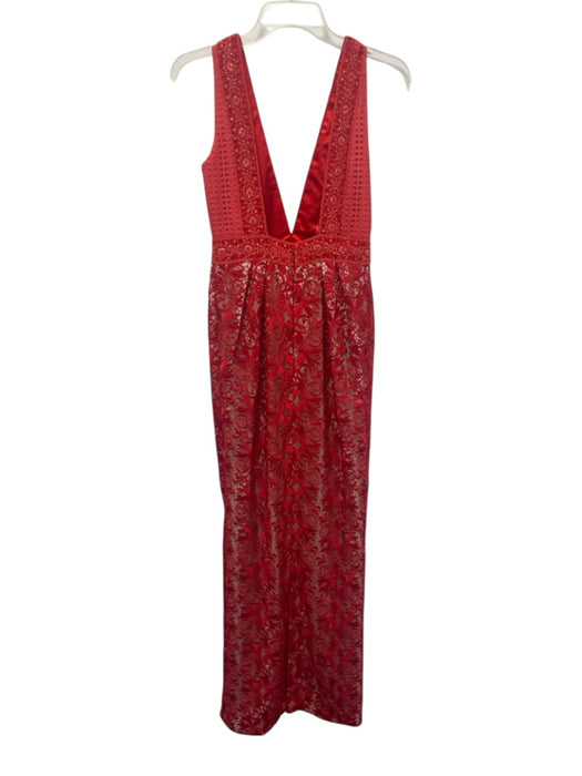 Monique Lhuillier Size 4 Red & Nude Polyester Blend Lace Overlay Deep V Gown — Labels Resale Boutique