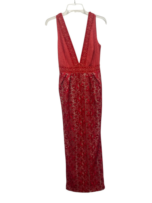 Monique Lhuillier Size 4 Red & Nude Polyester Blend Lace Overlay Deep V Gown Red & Nude / 4