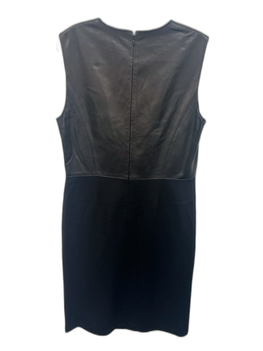 St. John Collection Size 6 Black Leather & Wool Sleeveless V Neck Back Zip Dress Black / 6