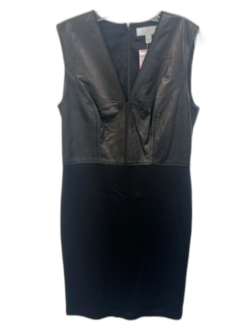 St. John Collection Size 6 Black Leather & Wool Sleeveless V Neck Back Zip Dress Black / 6