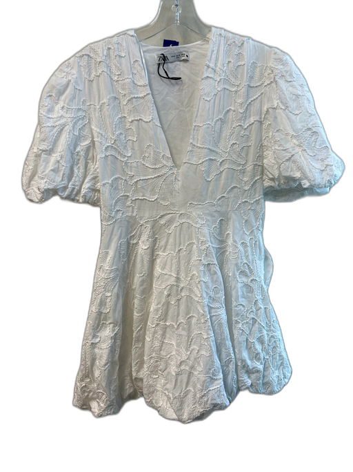 Zara Size Medium White Cotton Deep V Neck Bubble Hem Textured Dress White / Medium