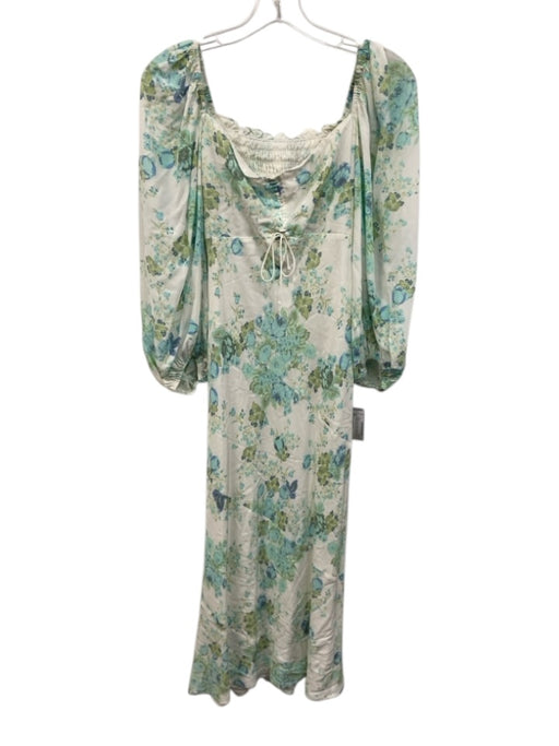 For Love & Lemons Size M White, Green & Blue Rayon Blend Floral Open Back Dress White, Green & Blue / M
