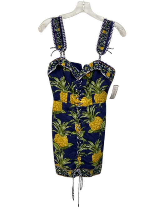Farm Rio Size S Navy Blue, Green & Yellow Linen Blend Botanical Pineapple Dress Navy Blue, Green & Yellow / S