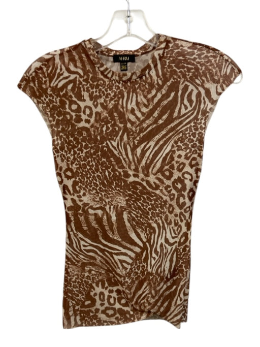 AFRM Size XS Cream & Brown Polyester Blend Mesh Animal Print Cap Sleeve Top Cream & Brown / XS