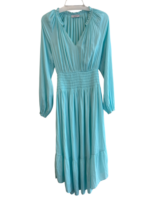 Ramy Brook Size S Aqua Polyester V Neck Long Sleeve Shirred Waist Maxi Dress Aqua / S
