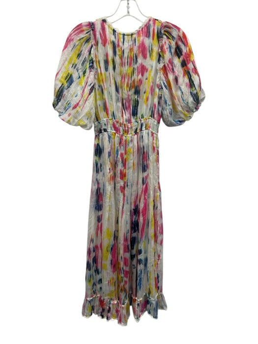 Hemant & Nandita Size XS White, Pink & Multi Viscose Short Puff Sleeve Dress White, Pink & Multi / XS