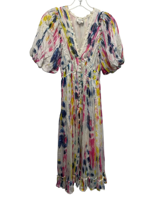 Hemant & Nandita Size XS White, Pink & Multi Viscose Short Puff Sleeve Dress White, Pink & Multi / XS
