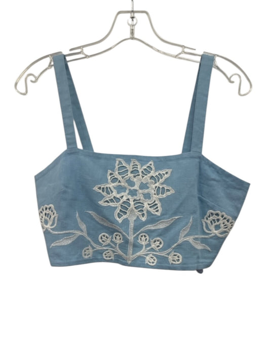 Allison Size S Baby Blue & White Linen Sleeveless Floral Embroidery Back Zip Top Baby Blue & White / S