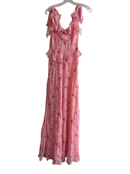 Love Shack Fancy Size 4 Pink Rayon Tie at Shoulders Floral Tiered Dress Pink / 4
