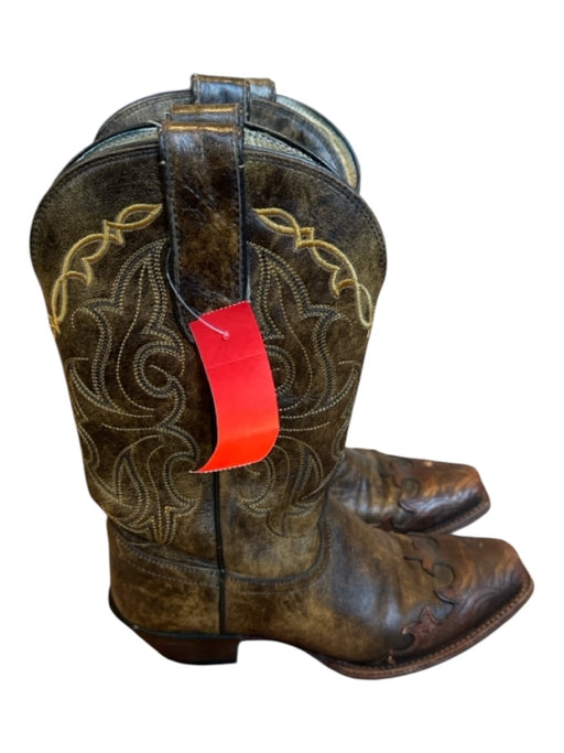 Tony Lama Shoe Size 6.5 Brown & Tan Leather Stitching Square Toe Cowboy Boots Brown & Tan / 6.5