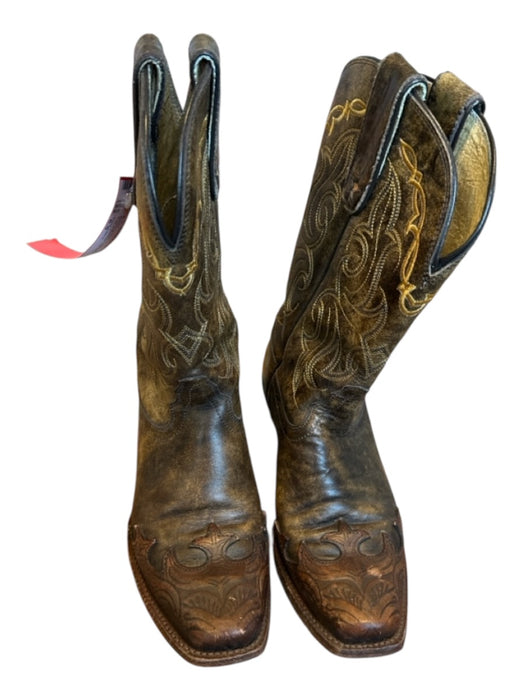 Tony Lama Shoe Size 6.5 Brown & Tan Leather Stitching Square Toe Cowboy Boots Brown & Tan / 6.5