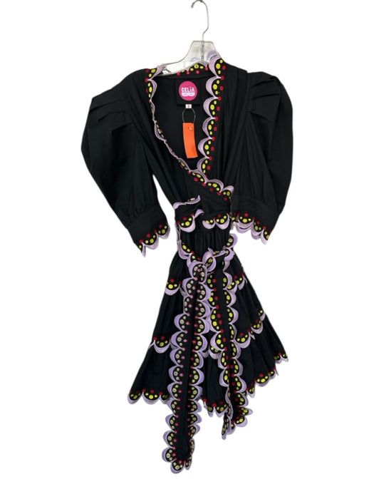 Celia B Size S Black & Purple Cotton Long Balloon Sleeve Scallopped Hem Dress Black & Purple / S