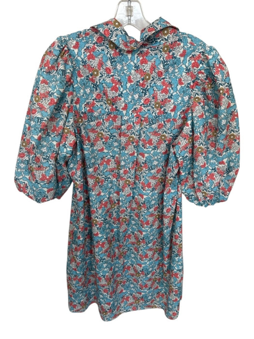 Hyacinth House Size M Blue & Coral Cotton & Polyester Botanical Collar Dress Blue & Coral / M