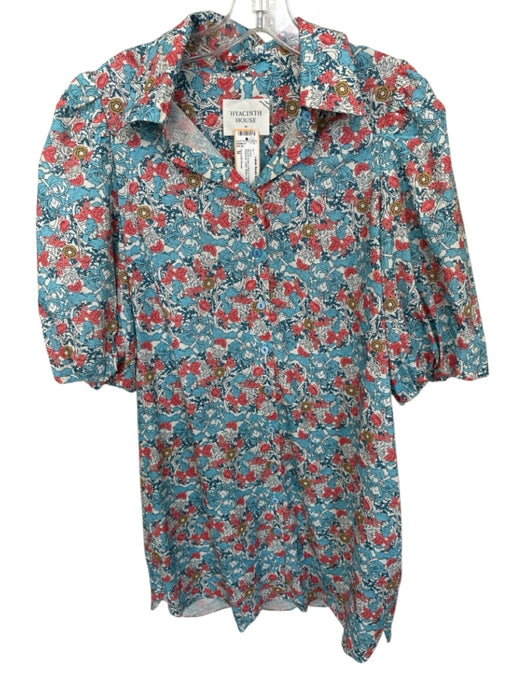 Hyacinth House Size M Blue & Coral Cotton & Polyester Botanical Collar Dress Blue & Coral / M