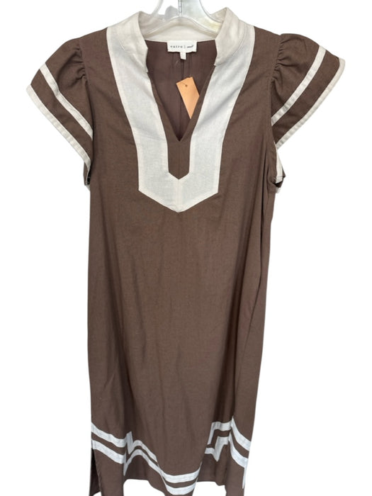 Entro Size S Brown & Cream Linen & Cotton Color Block Maxi V Neck Dress Brown & Cream / S