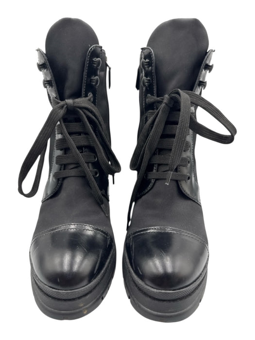 Prada Shoe Size 39.5 Black Nylon Leather Triangle Logo Block Heel Combat Boots Black / 39.5