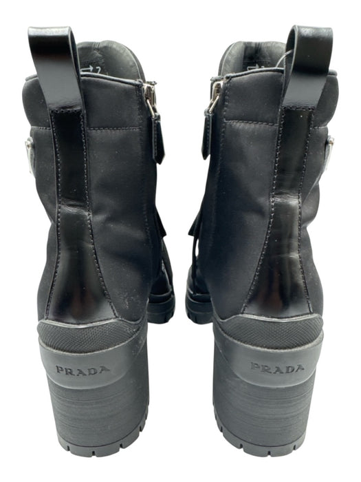 Prada Shoe Size 39.5 Black Nylon Leather Triangle Logo Block Heel Combat Boots Black / 39.5