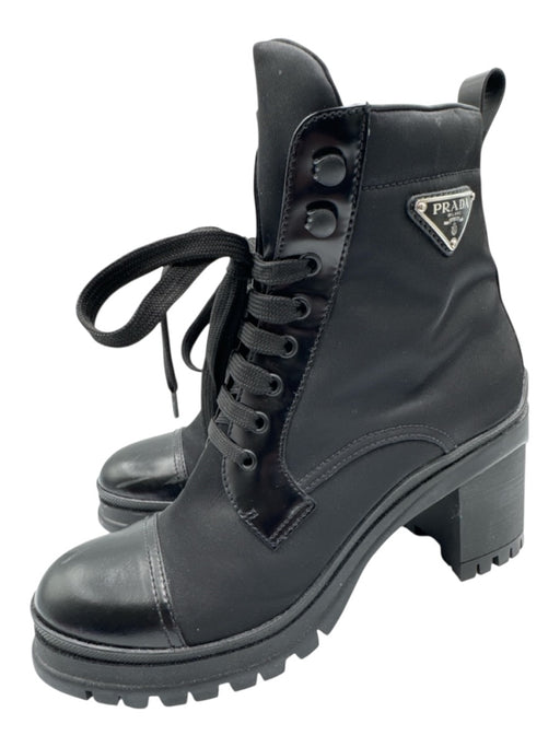 Prada Shoe Size 39.5 Black Nylon Leather Triangle Logo Block Heel Combat Boots Black / 39.5