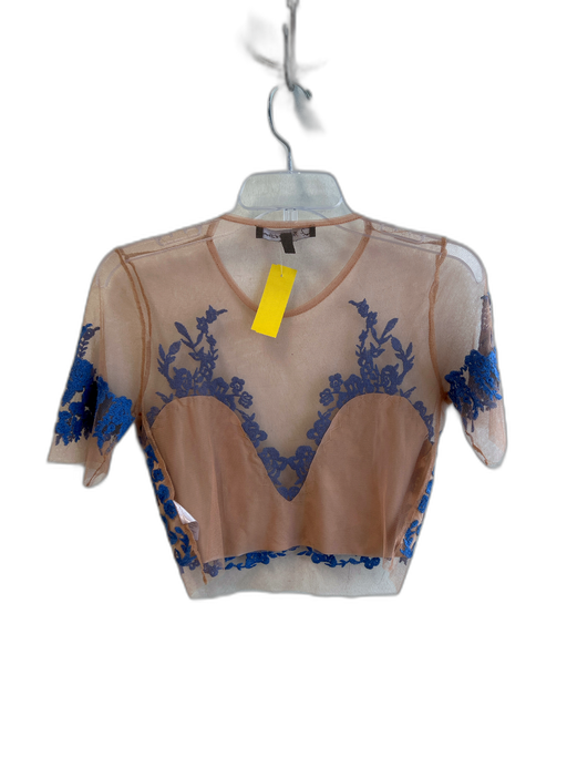 For Love & Lemons Size Small Tan & blue Polyester Short Sleeve Cropped Mesh Top Tan & blue / Small