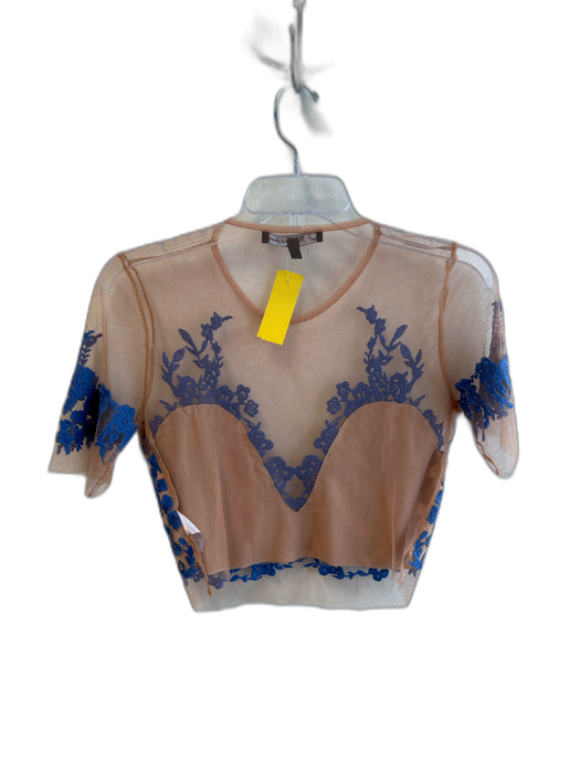 For Love & Lemons Size Small Tan & blue Polyester Short Sleeve Cropped Mesh Top Tan & blue / Small