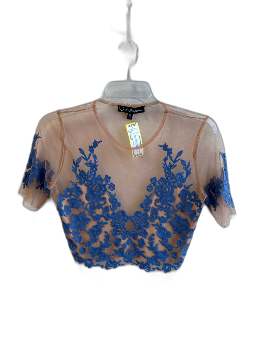 For Love & Lemons Size Small Tan & blue Polyester Short Sleeve Cropped Mesh Top Tan & blue / Small