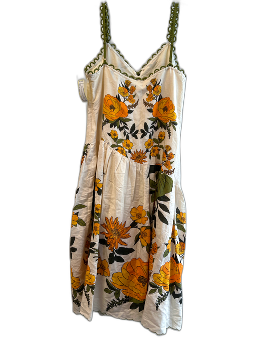 Farm Size XL-Petite Cream, Orange & Green Linen Blend Sleeveless Floral Dress Cream, Orange & Green / XL-Petite