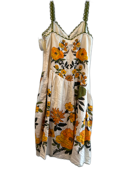 Farm Size XL-Petite Cream, Orange & Green Linen Blend Sleeveless Floral Dress Cream, Orange & Green / XL-Petite