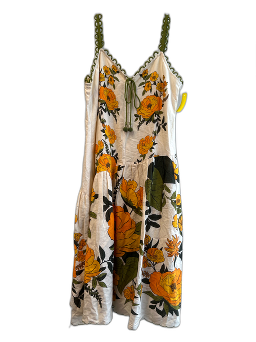 Farm Size XL-Petite Cream, Orange & Green Linen Blend Sleeveless Floral Dress Cream, Orange & Green / XL-Petite