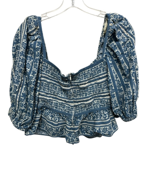 Sea New York Size M Blue & White Cotton Floral Short Puff Sleeve Crop Top Blue & White / M