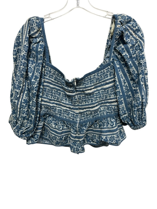 Sea New York Size M Blue & White Cotton Floral Short Puff Sleeve Crop Top Blue & White / M