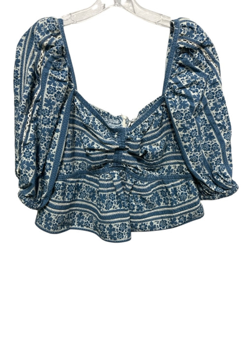 Sea New York Size M Blue & White Cotton Floral Short Puff Sleeve Crop Top Blue & White / M