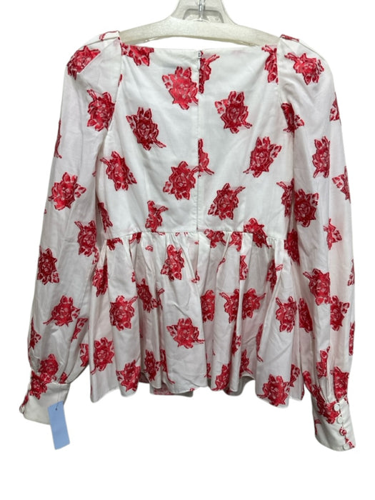 Erdem Size 4 White & Red Viscose Blend Floral Long Balloon Sleeve Ruffle Top White & Red / 4