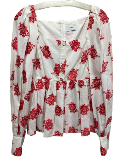 Erdem Size 4 White & Red Viscose Blend Floral Long Balloon Sleeve Ruffle Top White & Red / 4