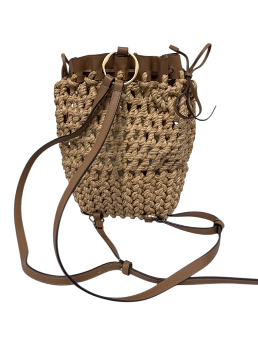 Cult Gaia Beige & Tan Rattan & Leather Woven Drawstring Top Bucket Backpack Bag Beige & Tan