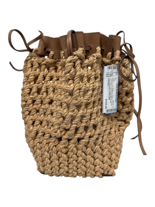 Cult Gaia Beige & Tan Rattan & Leather Woven Drawstring Top Bucket Backpack Bag Beige & Tan