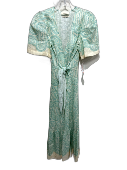 Tresse Size S / 38 Green & Cream Linen Blend Floral Stripe Short Sleeve Dress Green & Cream / S / 38