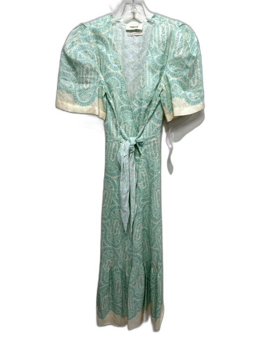 Tresse Size S / 38 Green & Cream Linen Blend Floral Stripe Short Sleeve Dress Green & Cream / S / 38