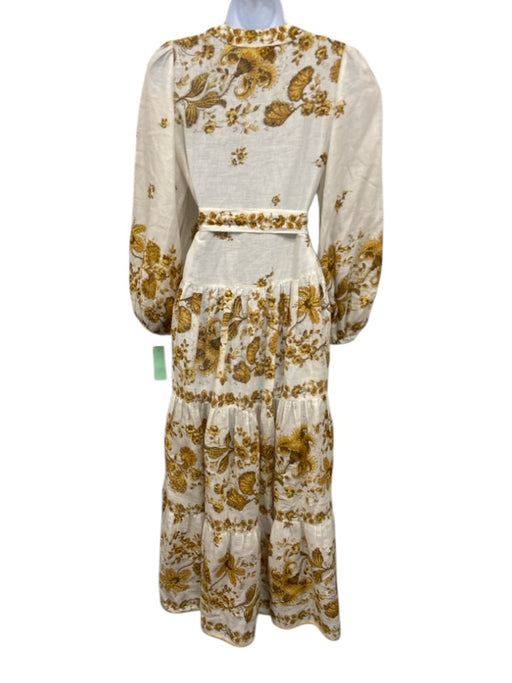 Zimmermann Size 0 White & yellow Linen Long Balloon Sleeve Floral Tiered Dress White & yellow / 0