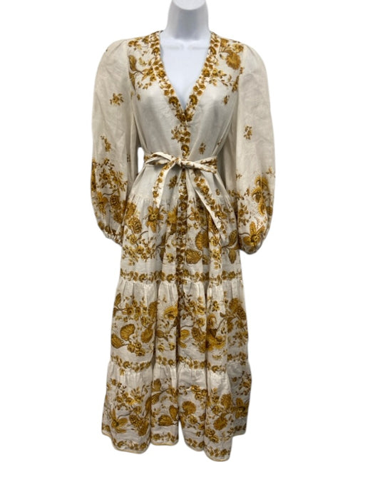 Zimmermann Size 0 White & yellow Linen Long Balloon Sleeve Floral Tiered Dress White & yellow / 0