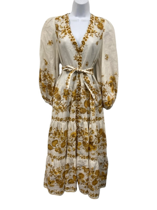 Zimmermann Size 0 White & yellow Linen Long Balloon Sleeve Floral Tiered Dress White & yellow / 0