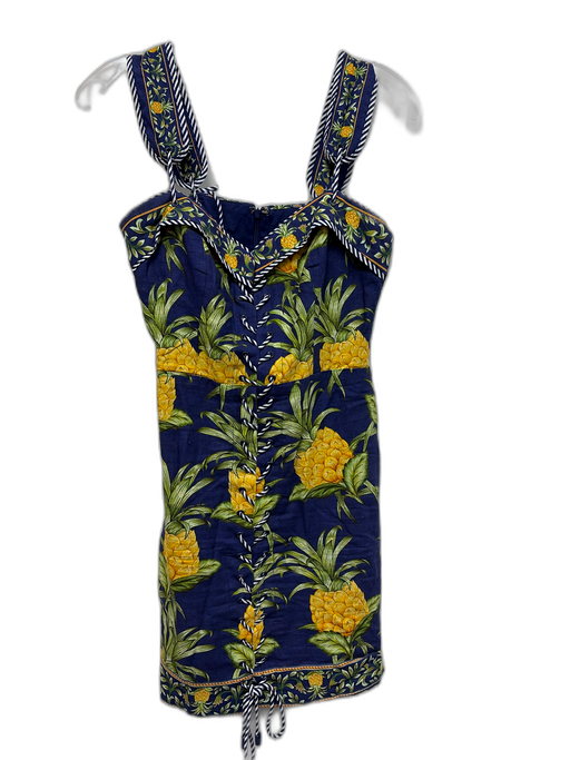 Farm Rio Size Small Blue, Green & Yellow Linen Blend Trim Detail Pineapple Dress Blue, Green & Yellow / Small