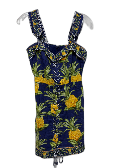 Farm Rio Size Small Blue, Green & Yellow Linen Blend Trim Detail Pineapple Dress Blue, Green & Yellow / Small