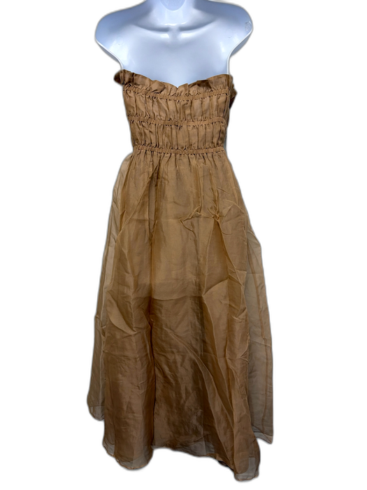 Cynthia Rowley Size S Tan & brown Silk Organza Leather Belt Strapless Midi Dress Tan & brown / S