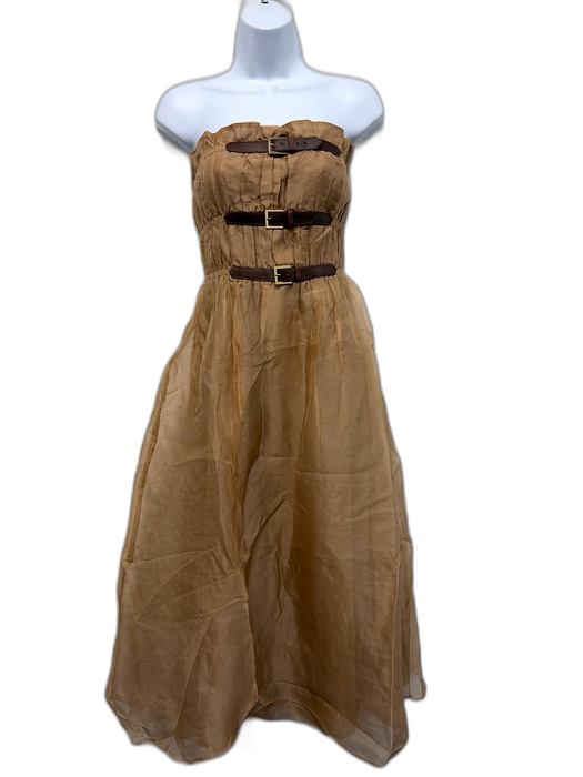 Cynthia Rowley Size S Tan & brown Silk Organza Leather Belt Strapless Midi Dress Tan & brown / S