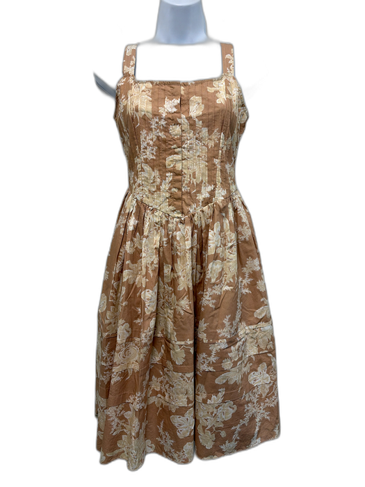 Love Shack Fancy Size 4 Tan & cream Cotton Sleeveless Pleated Top Floral Dress Tan & cream / 4