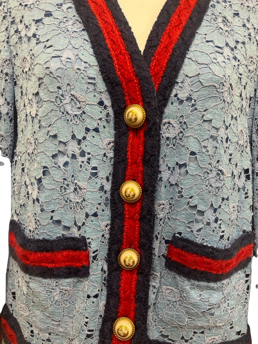 Gucci Size 38 Light Blue, Red, Navy Viscose Blend Floral Lace Overlay Jacket Light Blue, Red, Navy / 38