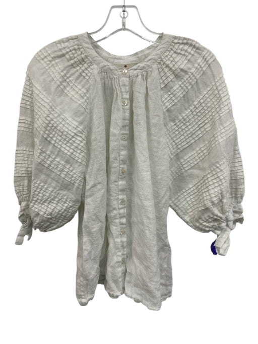 Hannah Size 2 White Linen V Neck Button Down Long Sleeve Tie Cuff Top White / 2