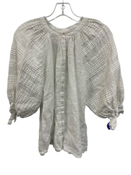 Hannah Size 2 White Linen V Neck Button Down Long Sleeve Tie Cuff Top White / 2